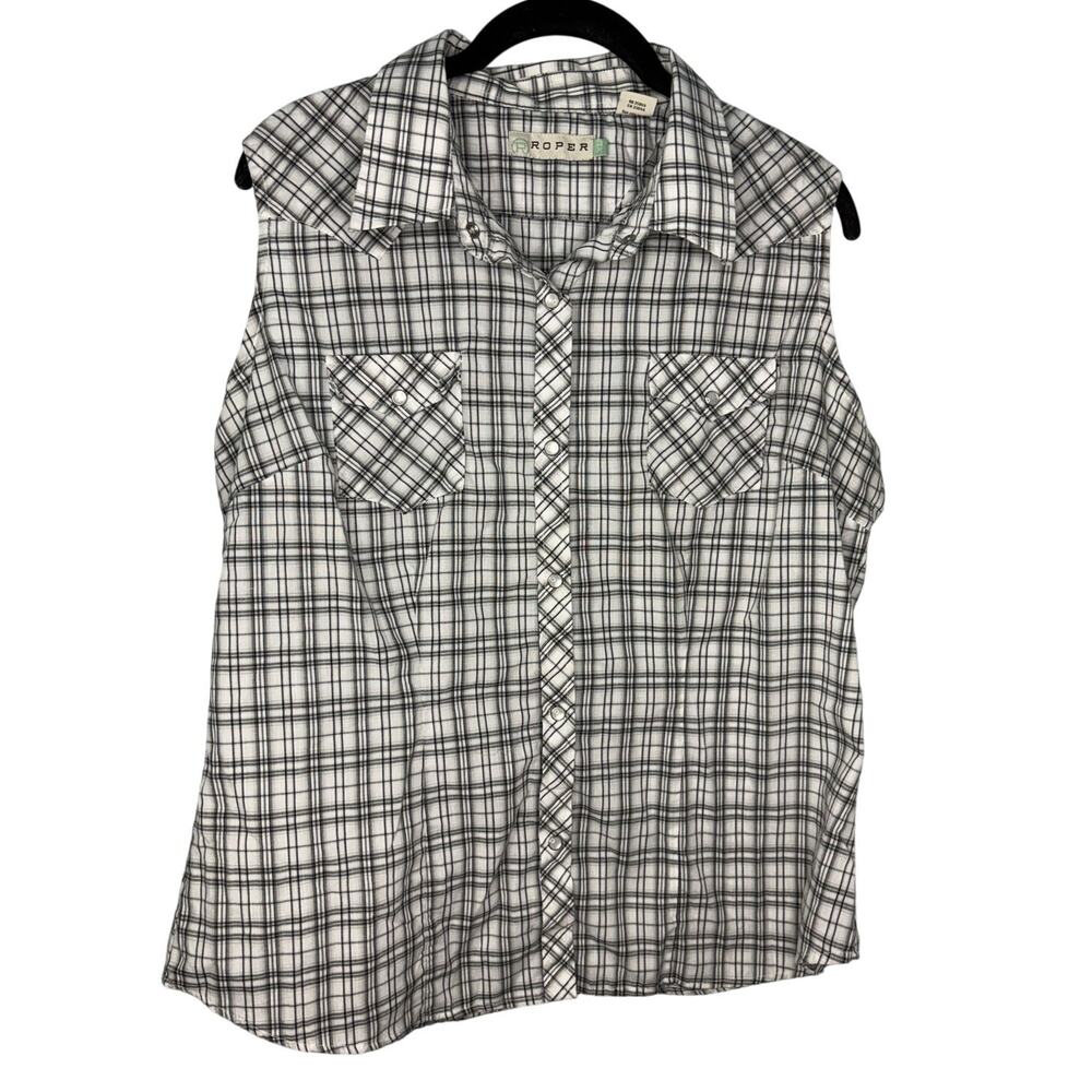 Roper Sleeveless Pearl Snap Collard Shirt Size XL Western White Black Cowgirl
